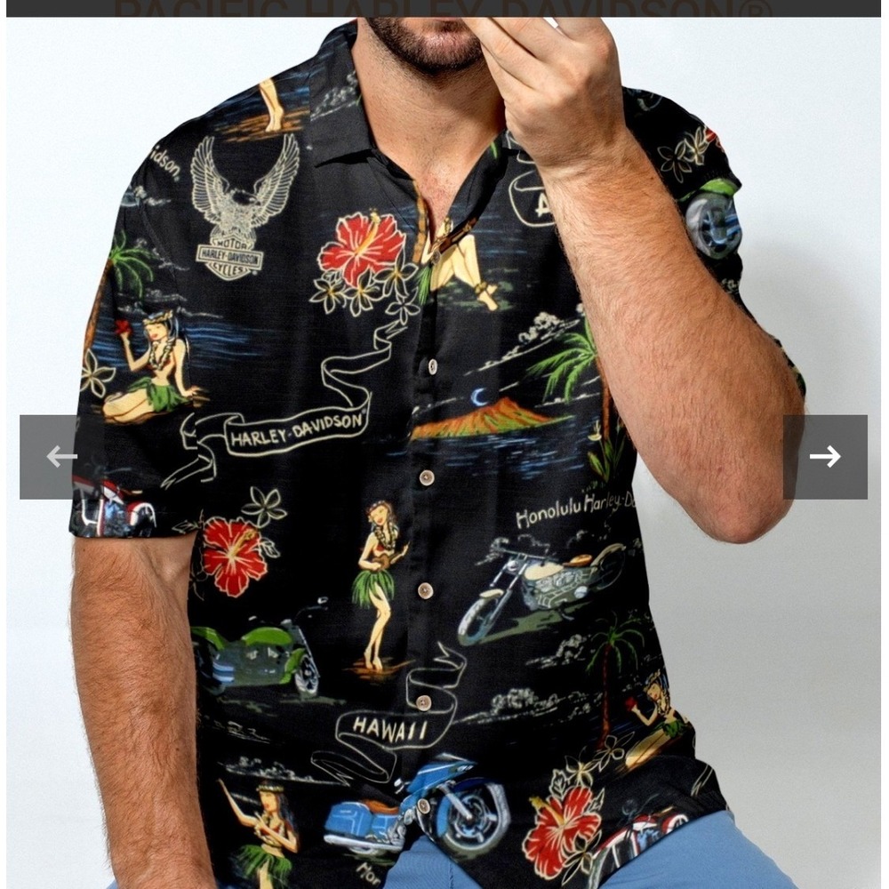 Harley Davidson Mens Black‎ Hula Aloha Hawaiian Shirt Honolulu Motor Cycles Lg